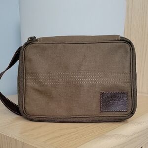 Timberland Dark Khaki Green Canvas Toiletry Bag with Leather Carrying Strap